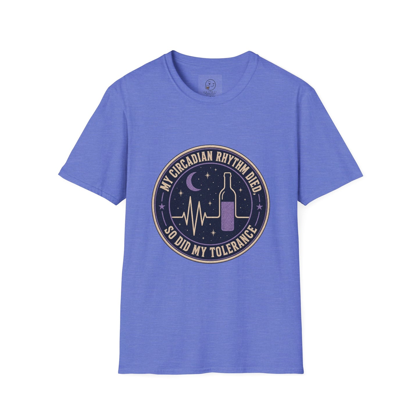 Circular vintage badge t-shirt graphic with a starry night sky background and a flatlined heartbeat line transitioning into a wine bottle silhouette, text reading My Circadian Rhythm Died, So Did My Tolerance