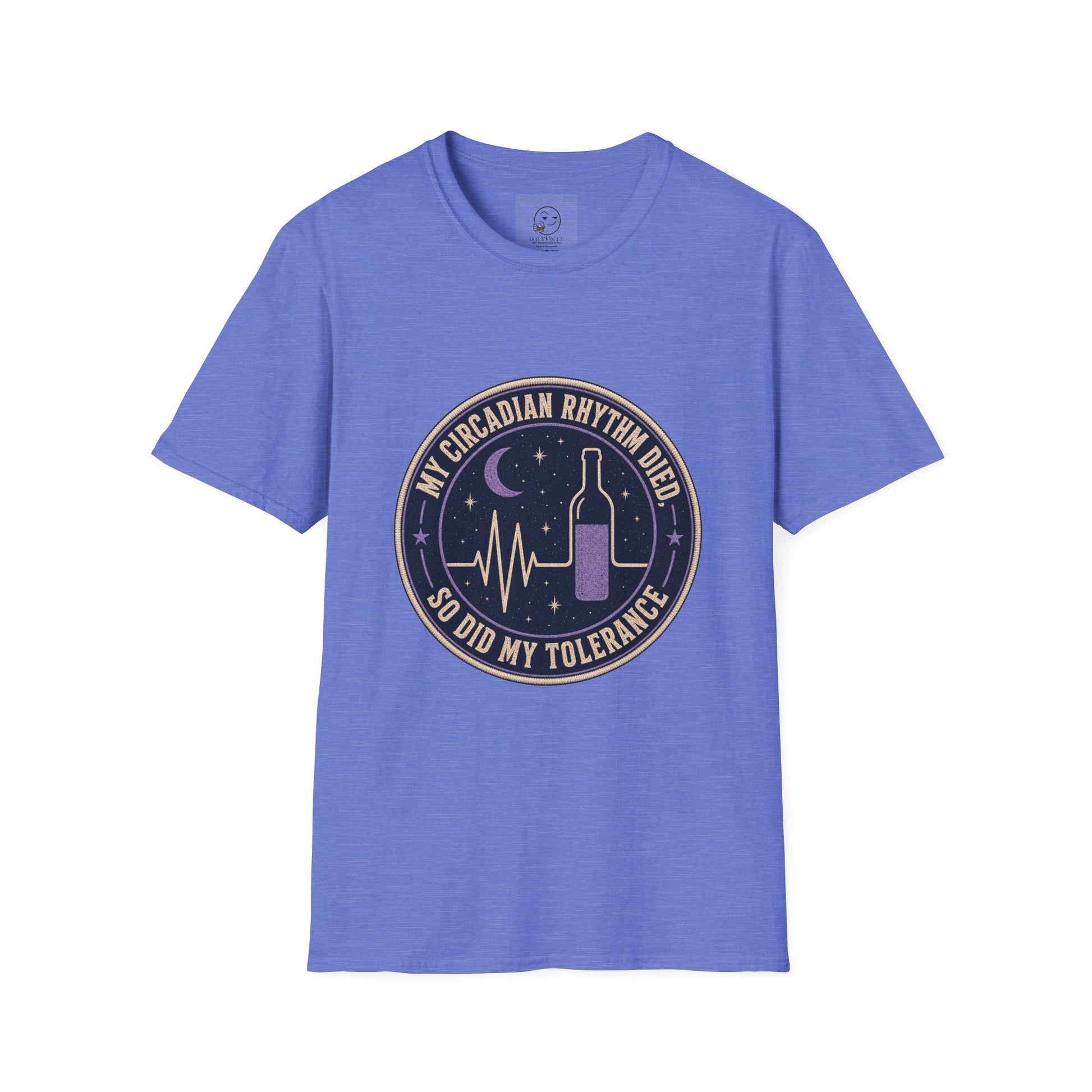 Circular vintage badge t-shirt graphic with a starry night sky background and a flatlined heartbeat line transitioning into a wine bottle silhouette, text reading My Circadian Rhythm Died, So Did My Tolerance