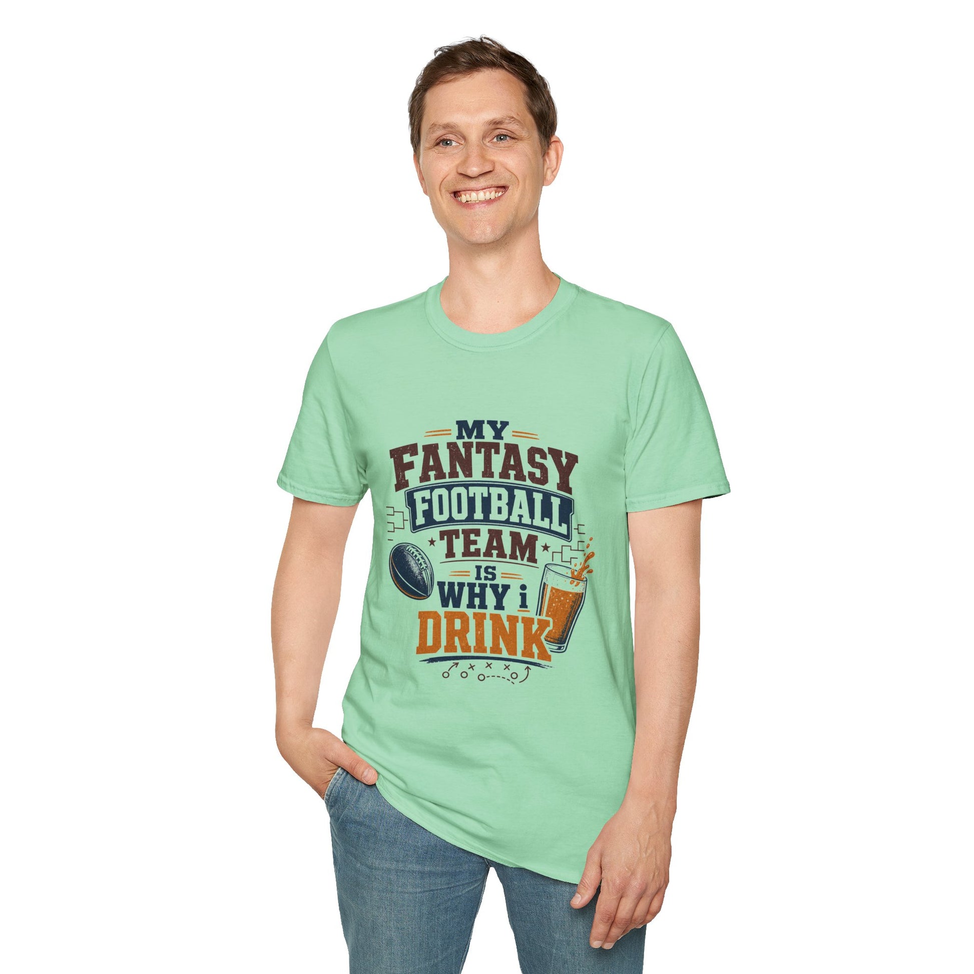 T-shirt design with maroon and navy text reading My Fantasy Football Team Is Why I Drink, football, tournament bracket, and pouring beer glass graphics