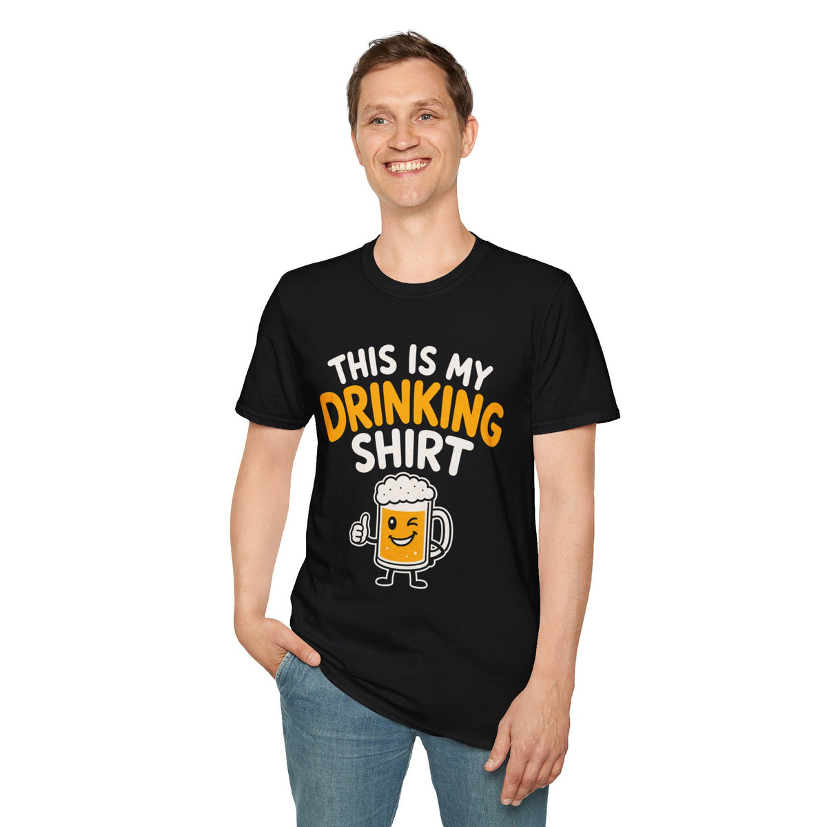 This Is My Drinking Shirt, Black, worn by a standing model with one hand in their pocket