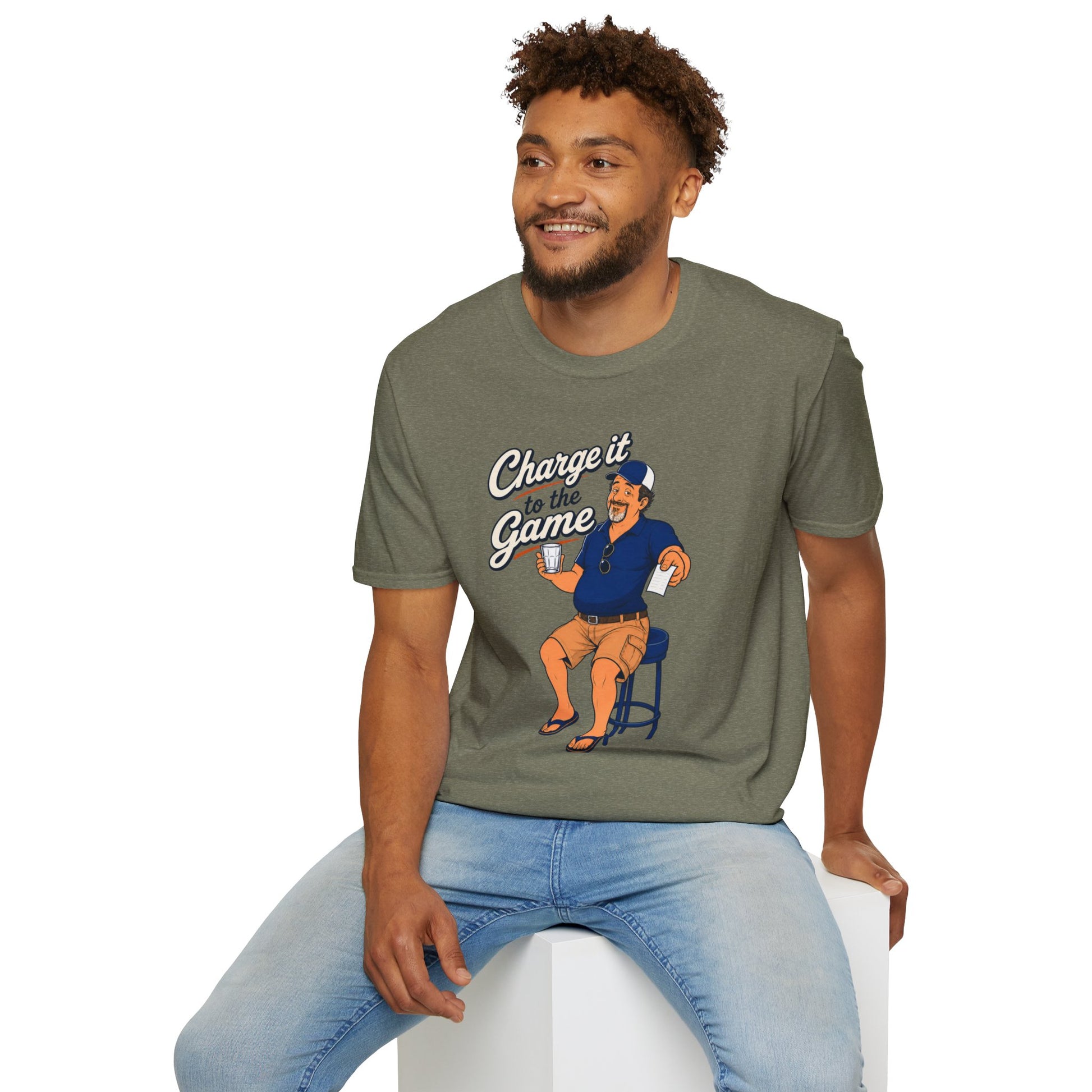 Retro cartoon t-shirt graphic of the Dry Wit dad mascot holding a bar tab at a sports bar, text reading Charge It To The Game