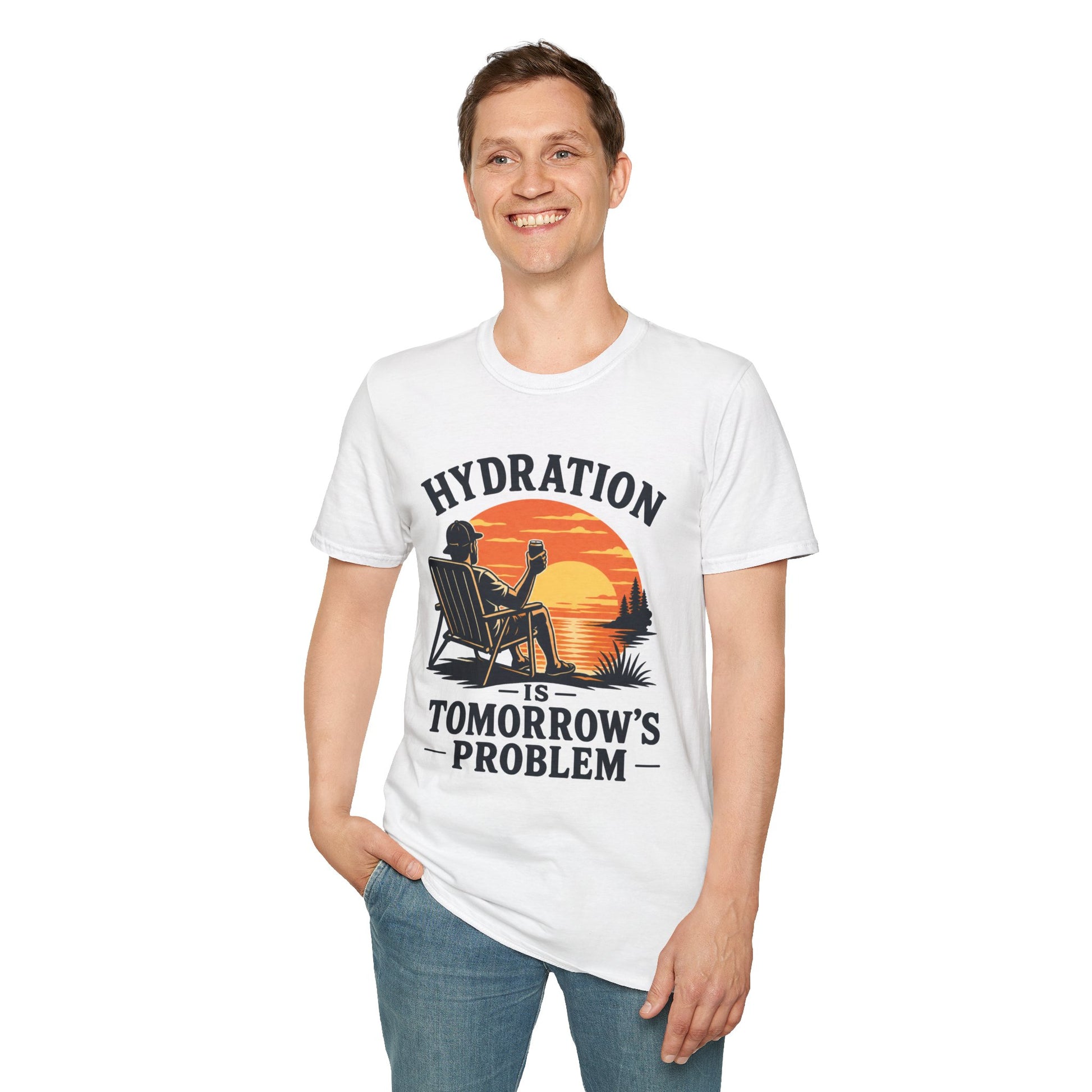Hydration Is Tomorrow's Problem Shirt, White, worn by a standing model with one hand in their pocket
