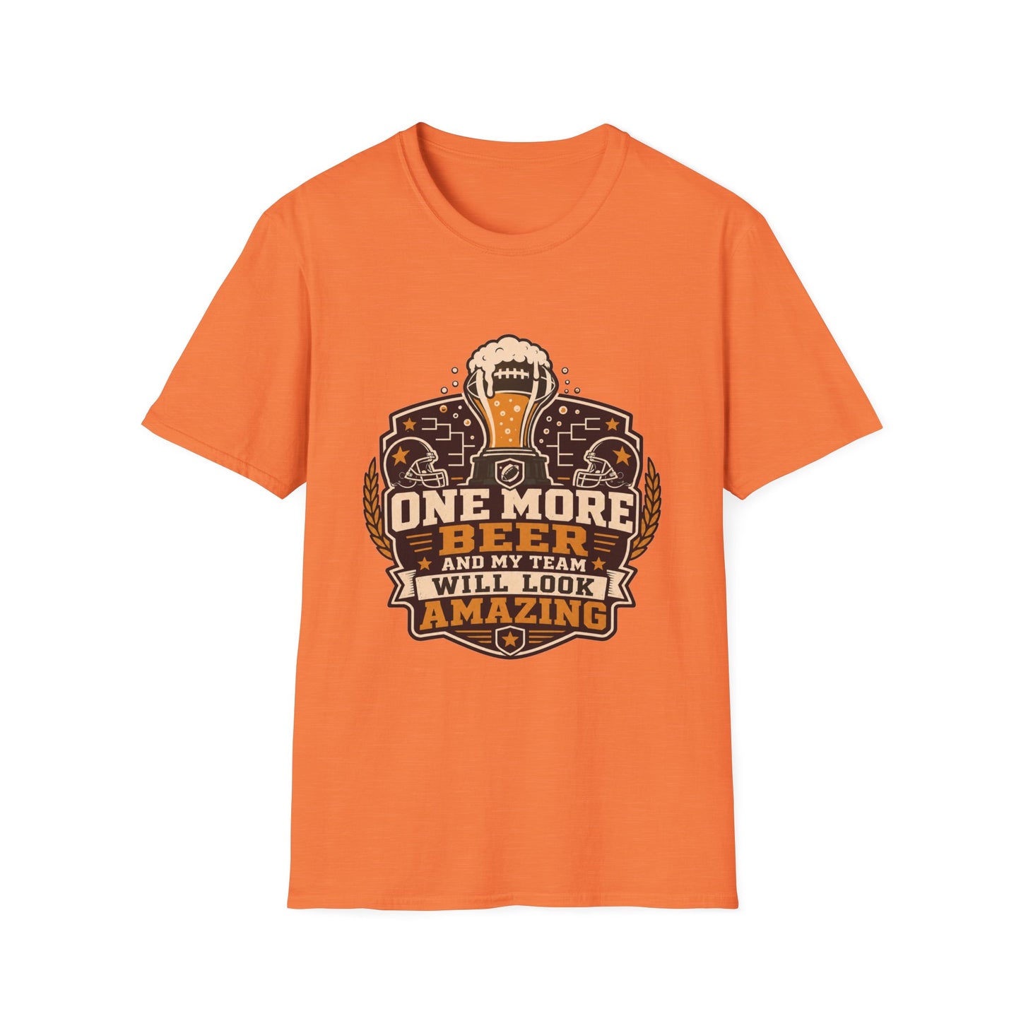 T-shirt design with maroon and amber badge, football-topped beer trophy, football helmets, and bracket graphics, text reading One More Beer And My Team Will Look Amazing
