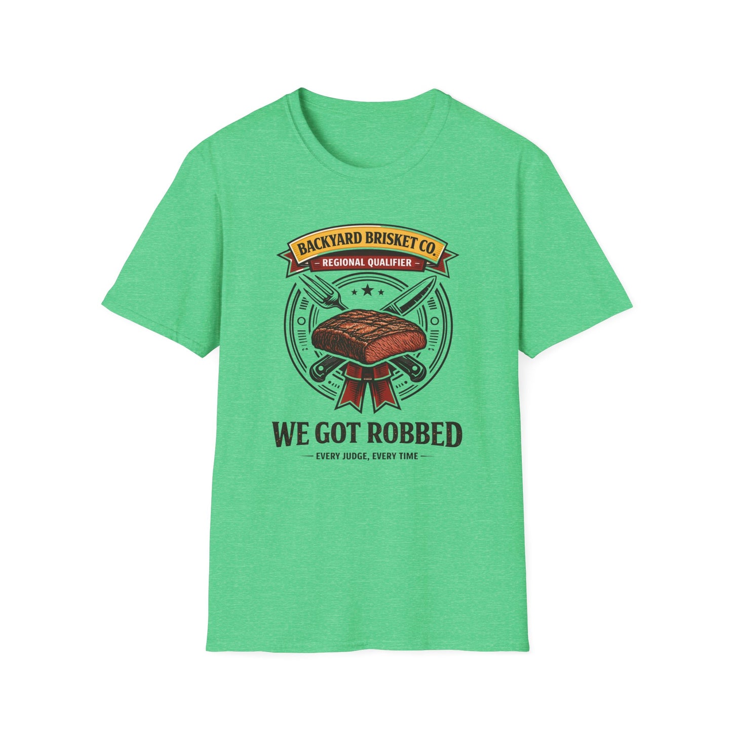 Backyard Brisket Co. Shirt, Heather Irish Green mint, front flat lay