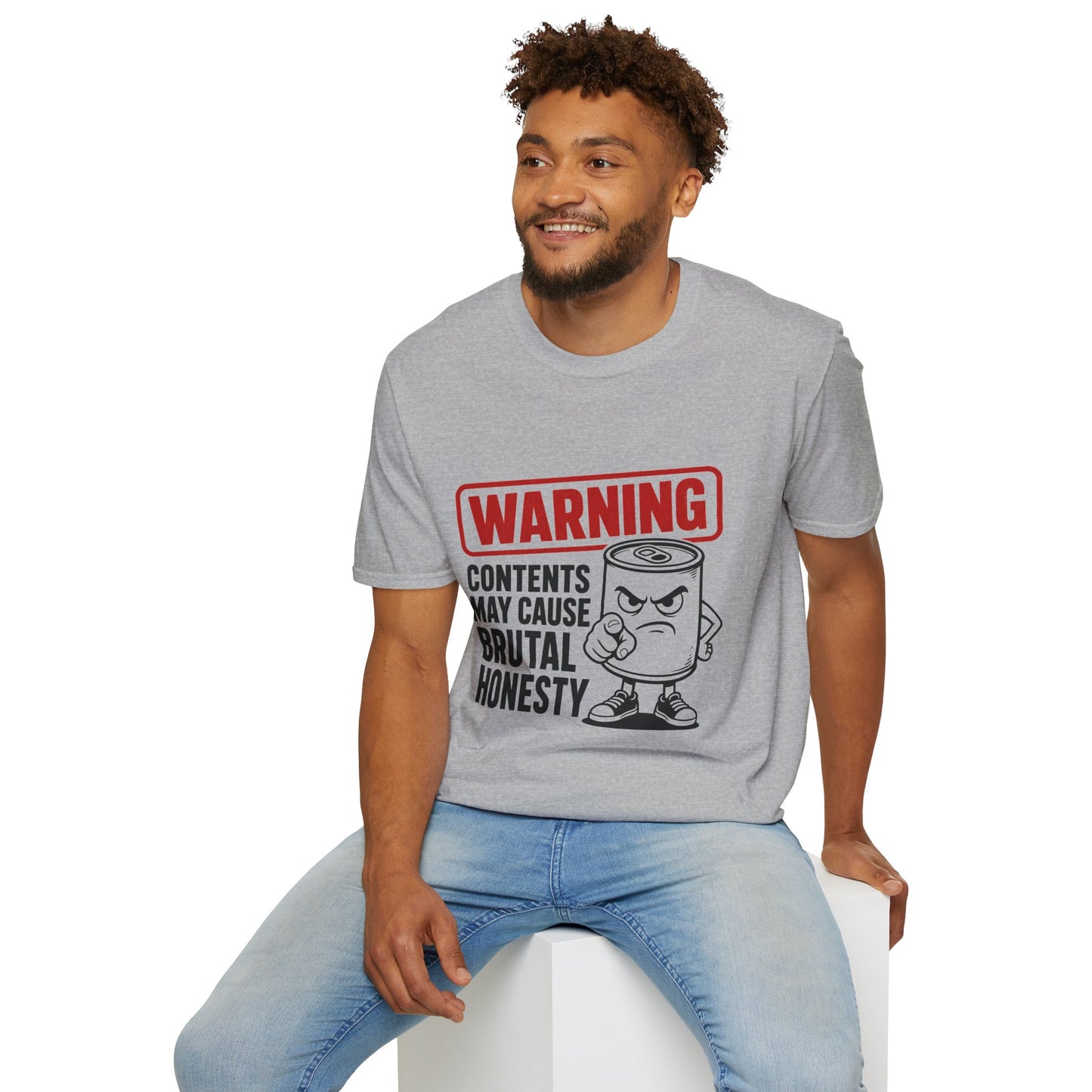 Warning: Contents May Cause Brutal Honesty Shirt, Sport Grey, worn by a model seated on a white block
