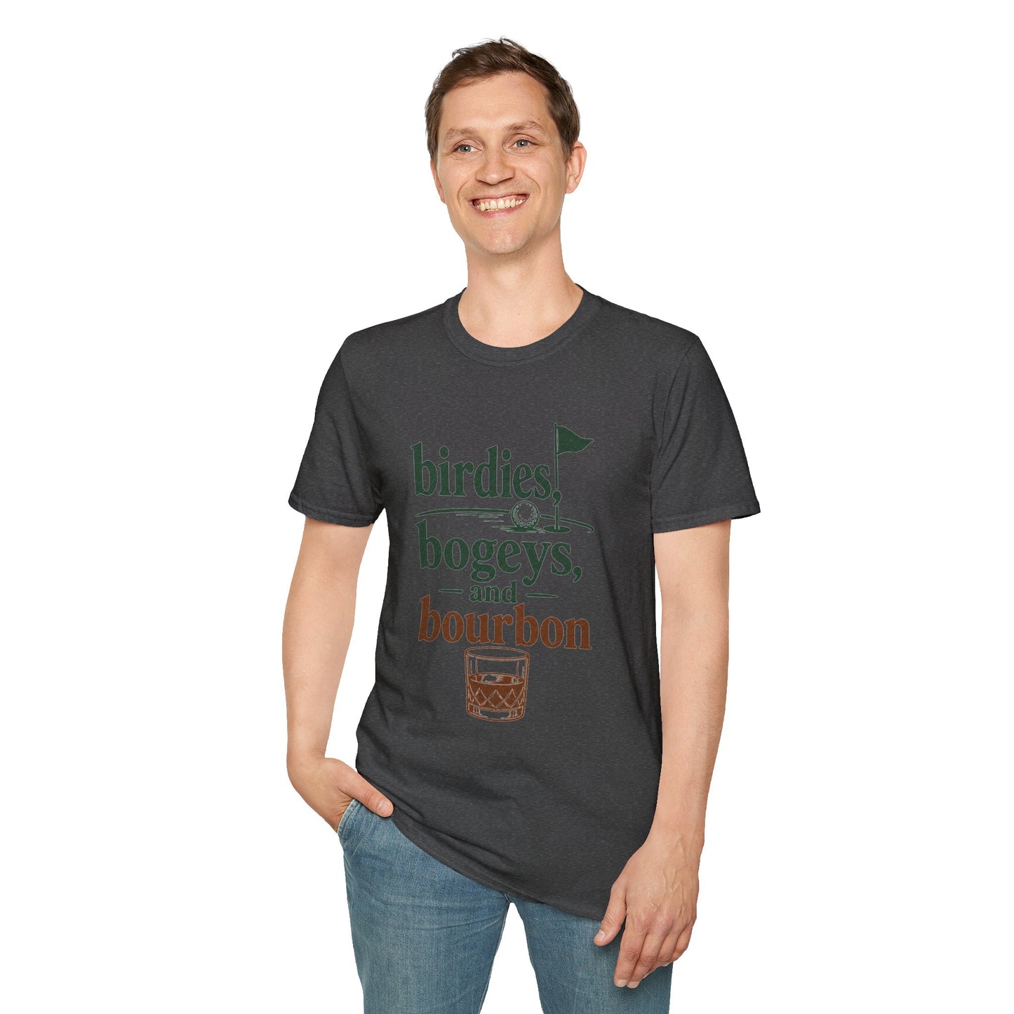 Birdies, Bogeys, and Bourbon Shirt, Dark Heather charcoal, worn by a standing model with one hand in their pocket