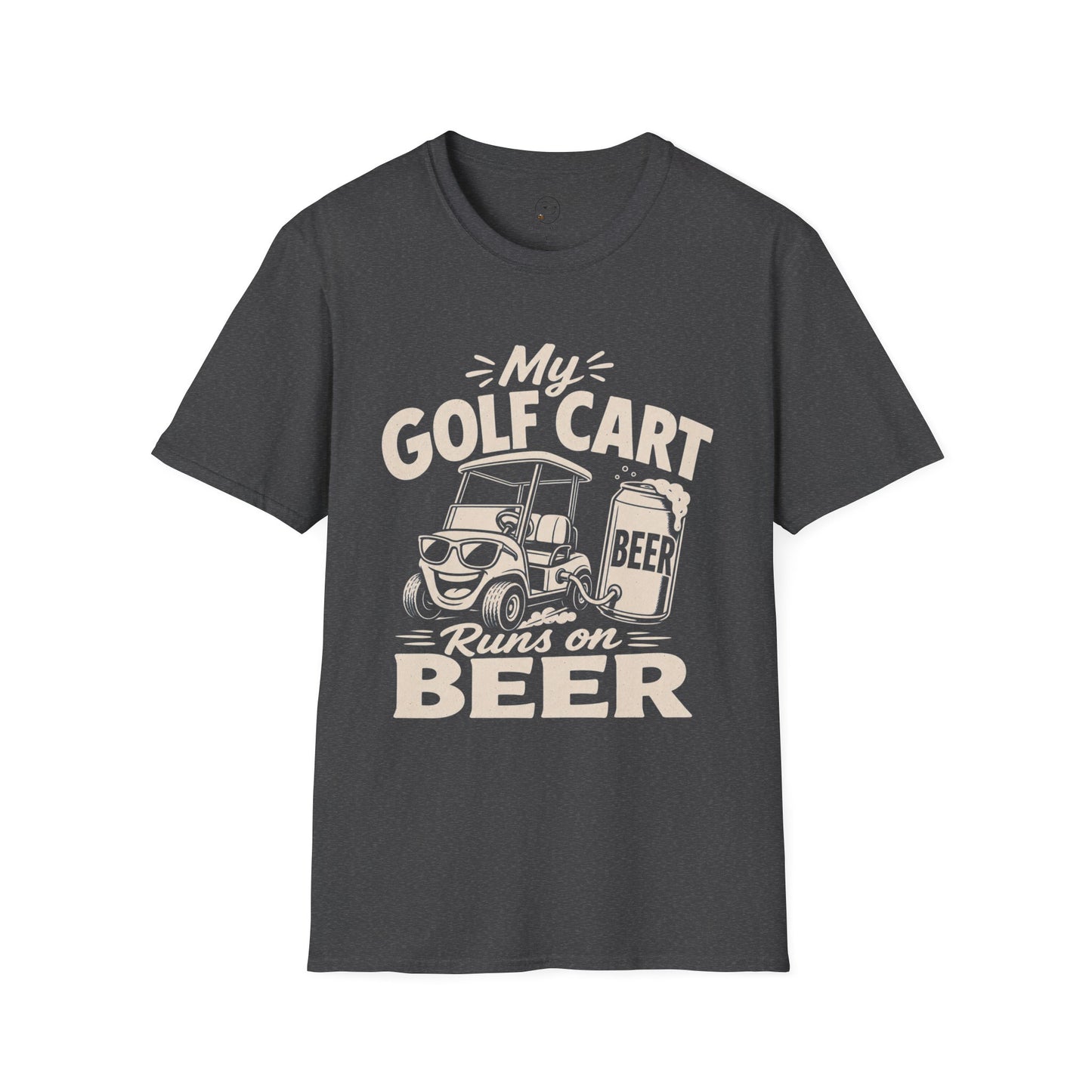 My Golf Cart Runs on Beer Shirt, Dark Heather charcoal, front flat lay