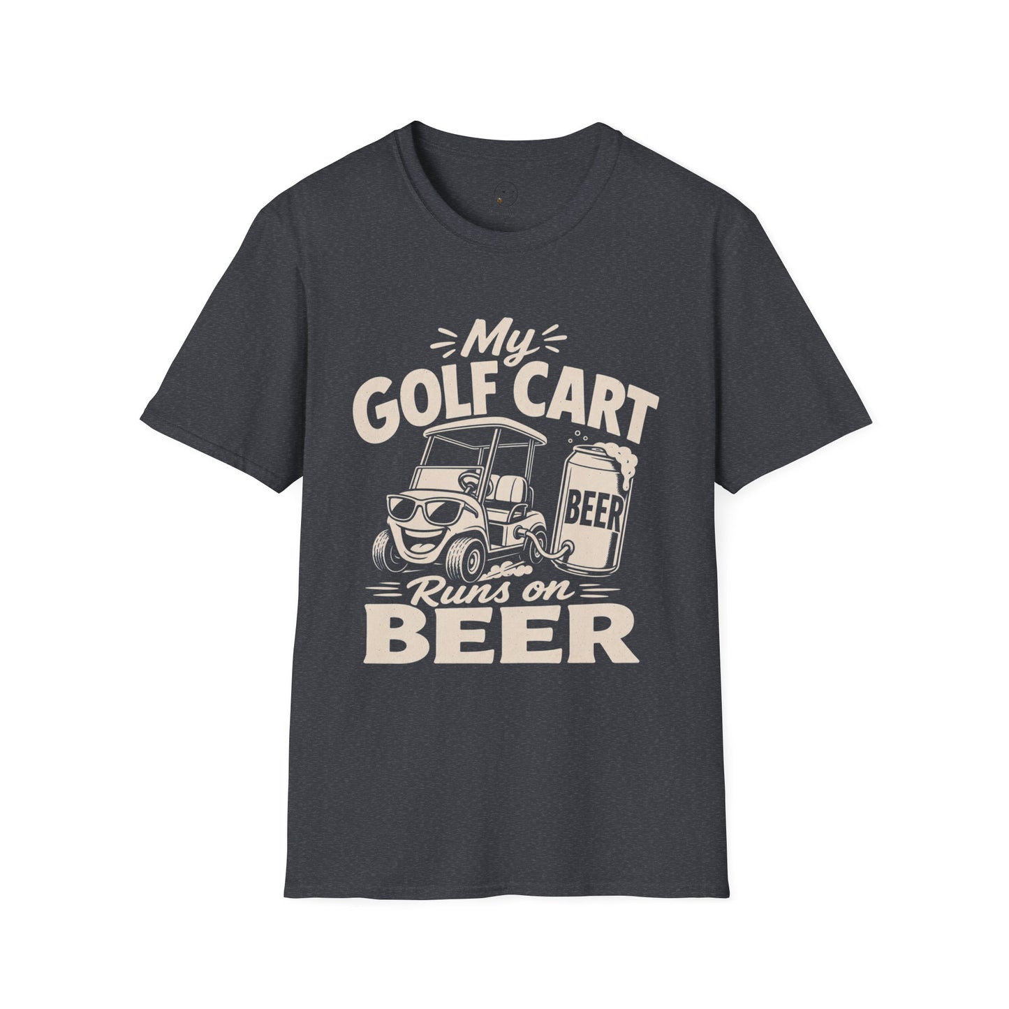 My Golf Cart Runs on Beer Shirt, Dark Heather Grey, front flat lay