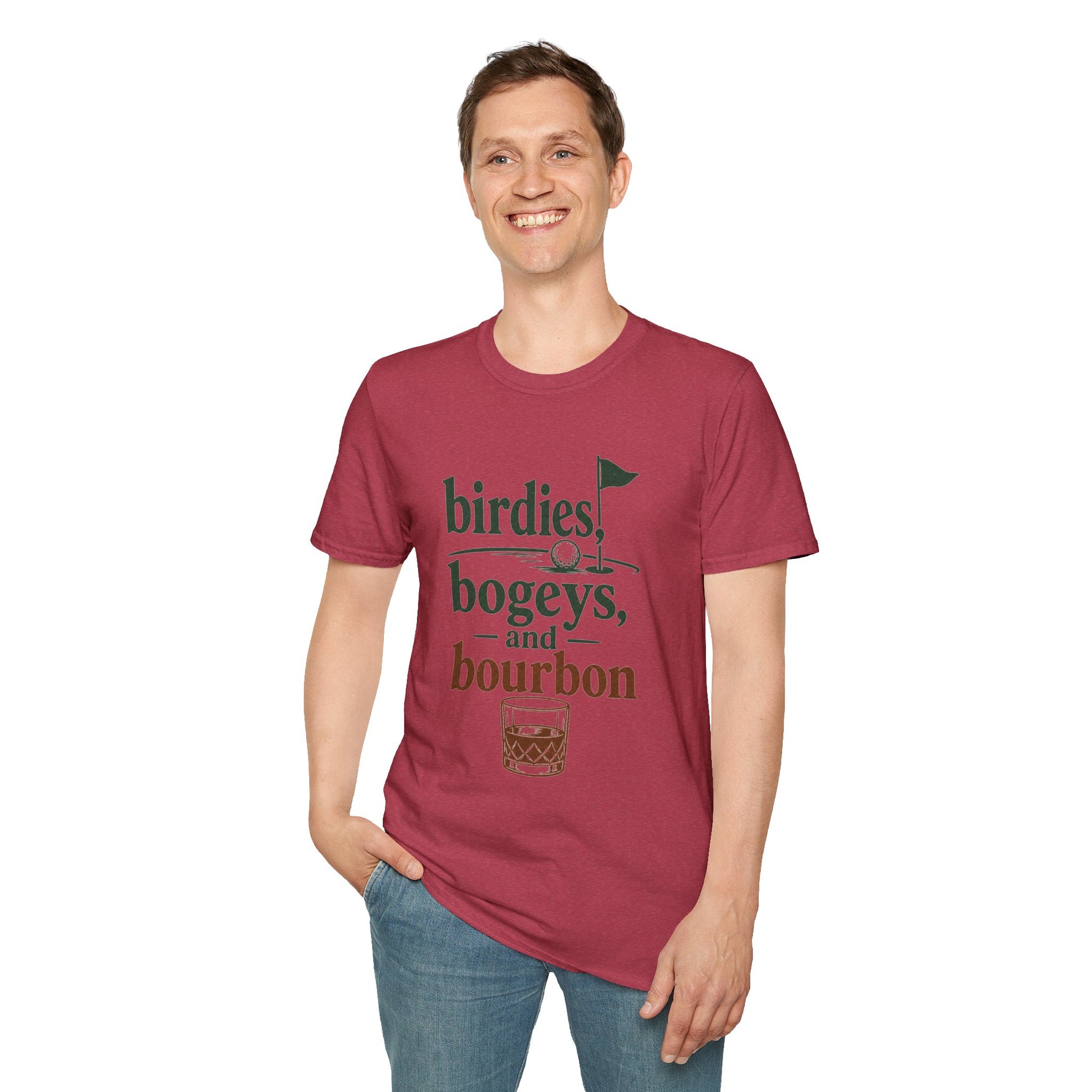 Birdies, Bogeys, and Bourbon Shirt, Heather Cardinal red, worn by a standing model with one hand in their pocket