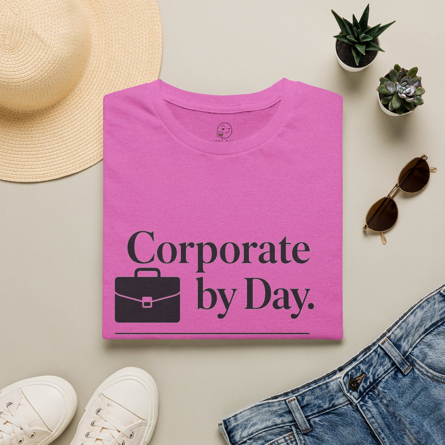 Corporate by Day, Cocktails by Night Shirt, Heather Berry pink, folded flat lay styled with a straw hat, sunglasses, sneakers and denim