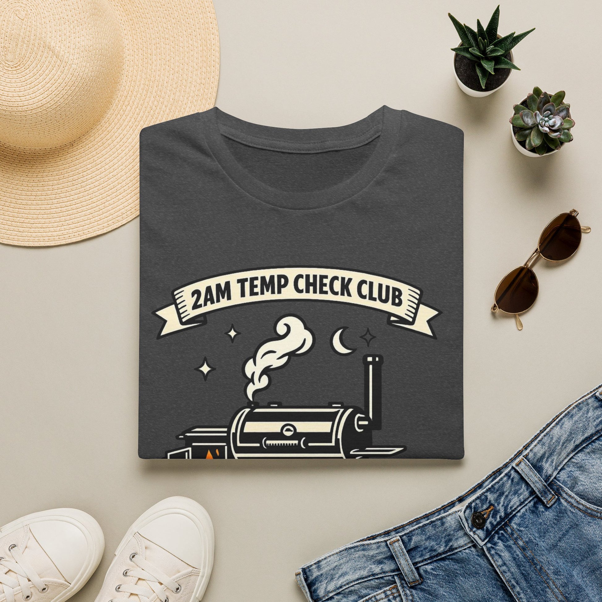 2AM Temp Check Club Shirt, Dark Heather charcoal, folded flat lay styled with a straw hat, sunglasses, sneakers and denim