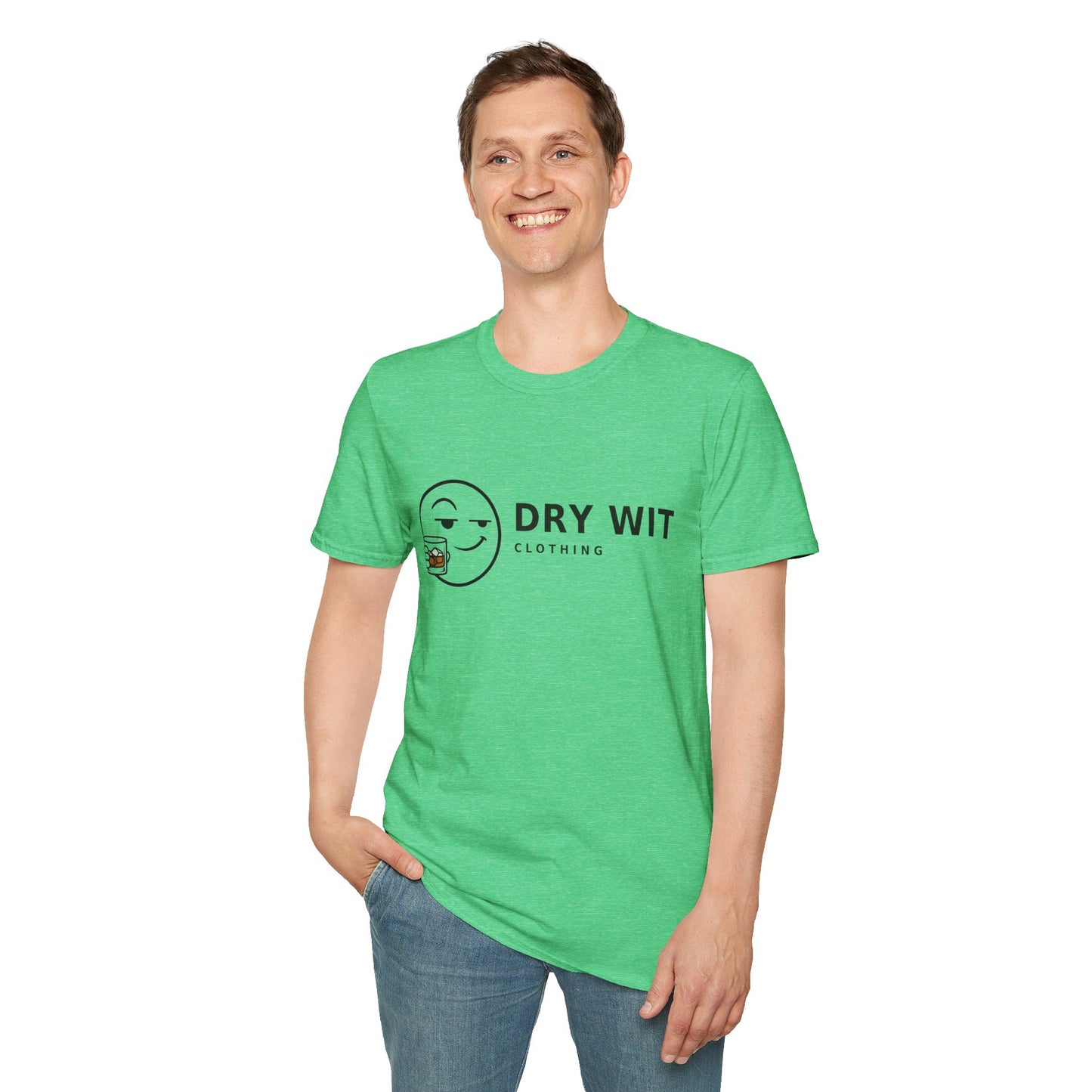 Dry Wit Logo Shirt, Heather Irish Green mint, worn by a standing model with one hand in their pocket