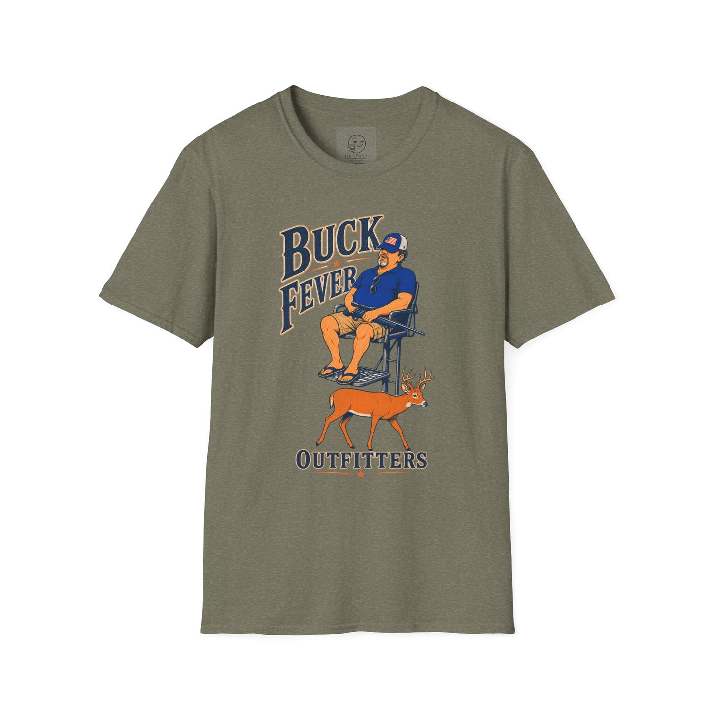 Retro cartoon t-shirt graphic of the Dry Wit dad mascot in hunting gear with a rifle, text reading Buck Fever Outfitters