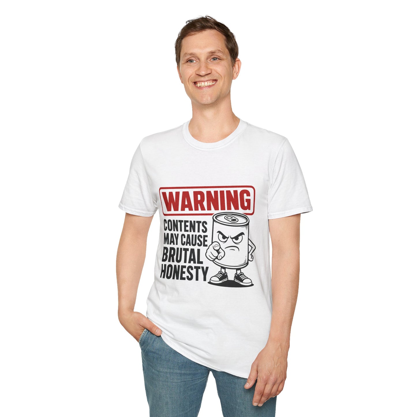 Warning: Contents May Cause Brutal Honesty Shirt, White, worn by a standing model with one hand in their pocket