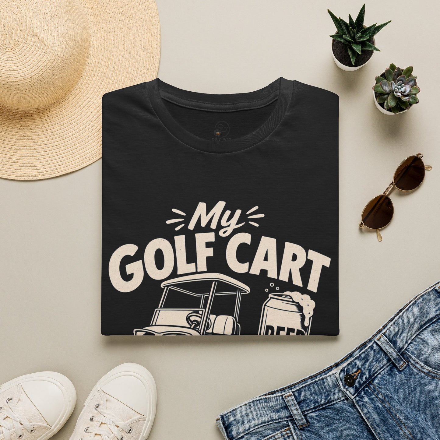 My Golf Cart Runs on Beer Shirt, Black, folded flat lay styled with a straw hat, sunglasses, sneakers and denim