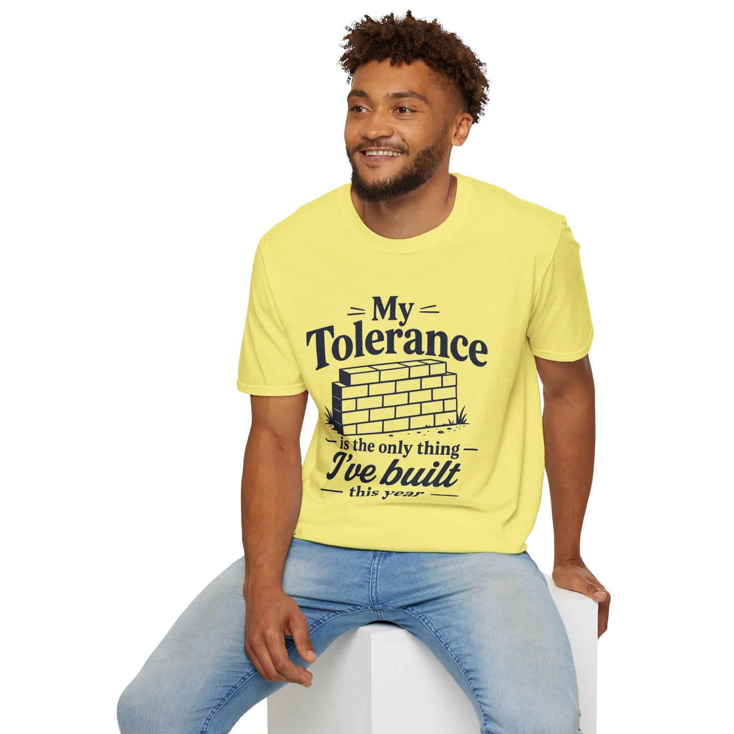 My Tolerance Is the Only Thing I've Built, Cornsilk pale yellow, worn by a model seated on a white block