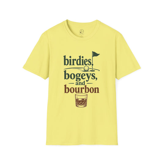Birdies, Bogeys, and Bourbon Shirt, Cornsilk pale yellow, front flat lay