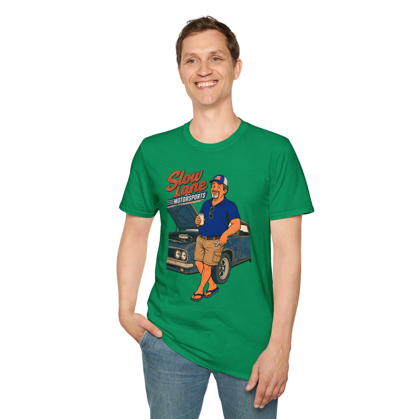 Retro garage-style t-shirt graphic of the Dry Wit dad mascot beside a classic muscle car holding a beer, text reading Slow Lane Motorsports