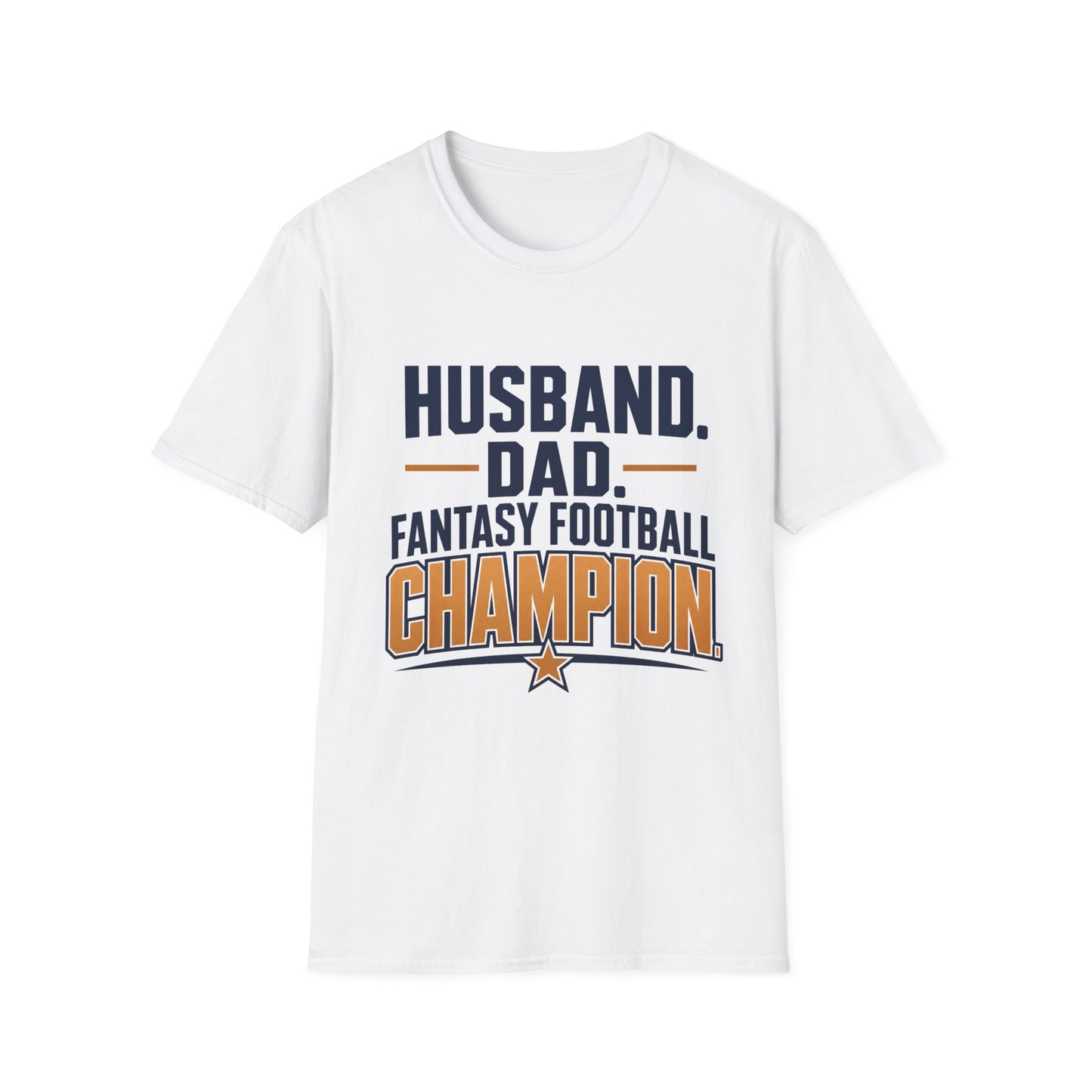T-shirt design with navy and amber text reading Husband Dad Fantasy Football Champion, gold star accent