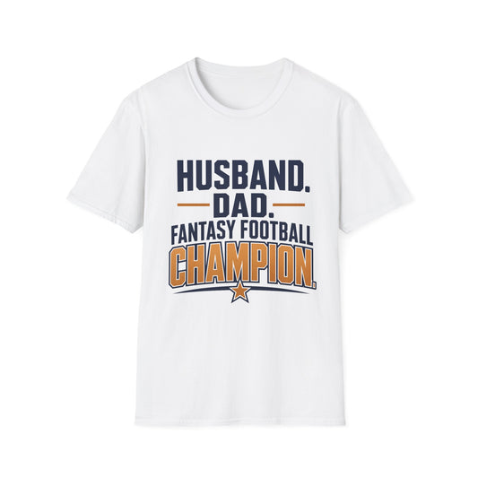 T-shirt design with navy and amber text reading Husband Dad Fantasy Football Champion, gold star accent