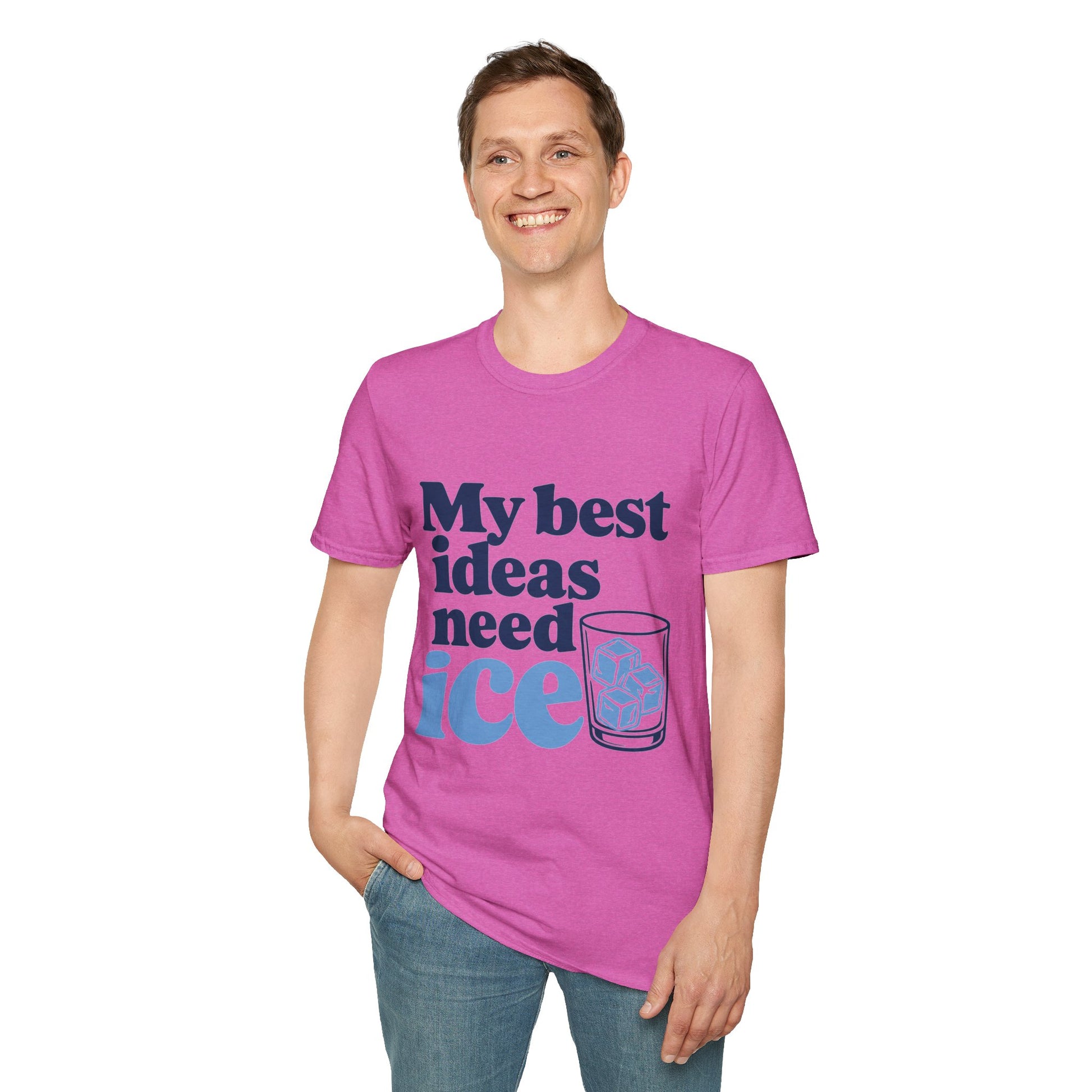My Best Ideas Need Ice Shirt, Heather Berry pink, worn by a standing model with one hand in their pocket