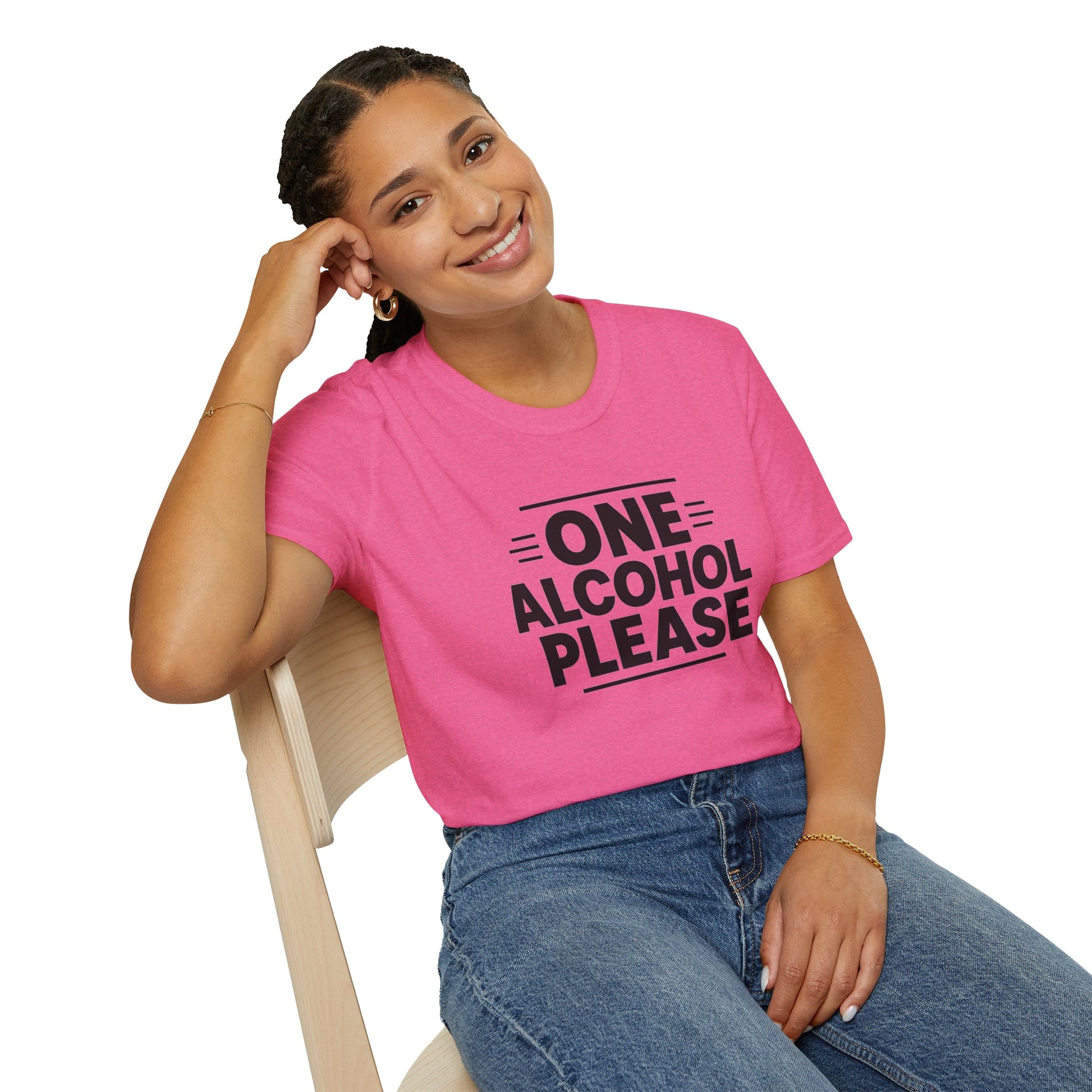 T-shirt with bold black text reading One Alcohol Please