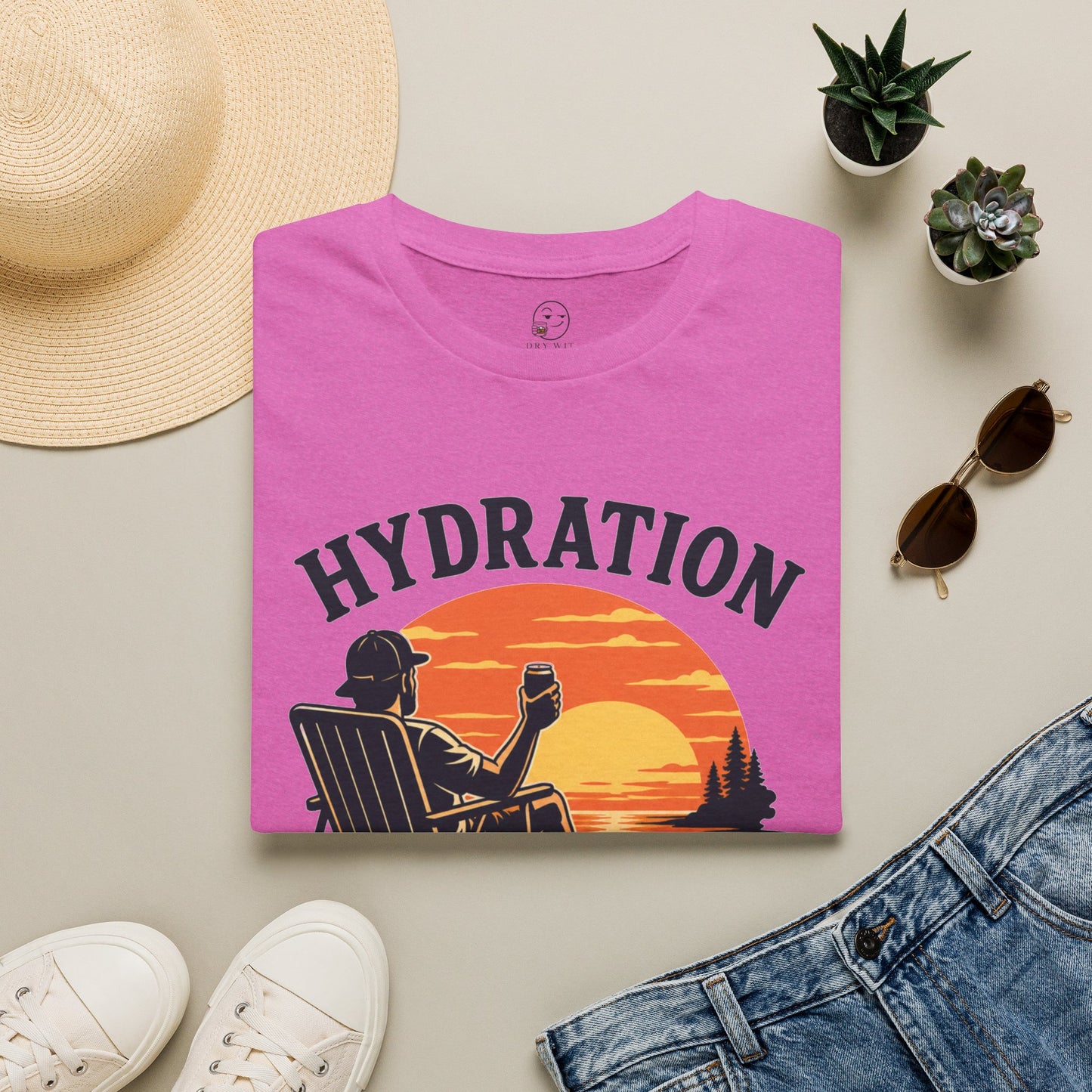 Hydration Is Tomorrow's Problem Shirt, Heather Berry pink, folded flat lay styled with a straw hat, sunglasses, sneakers and denim