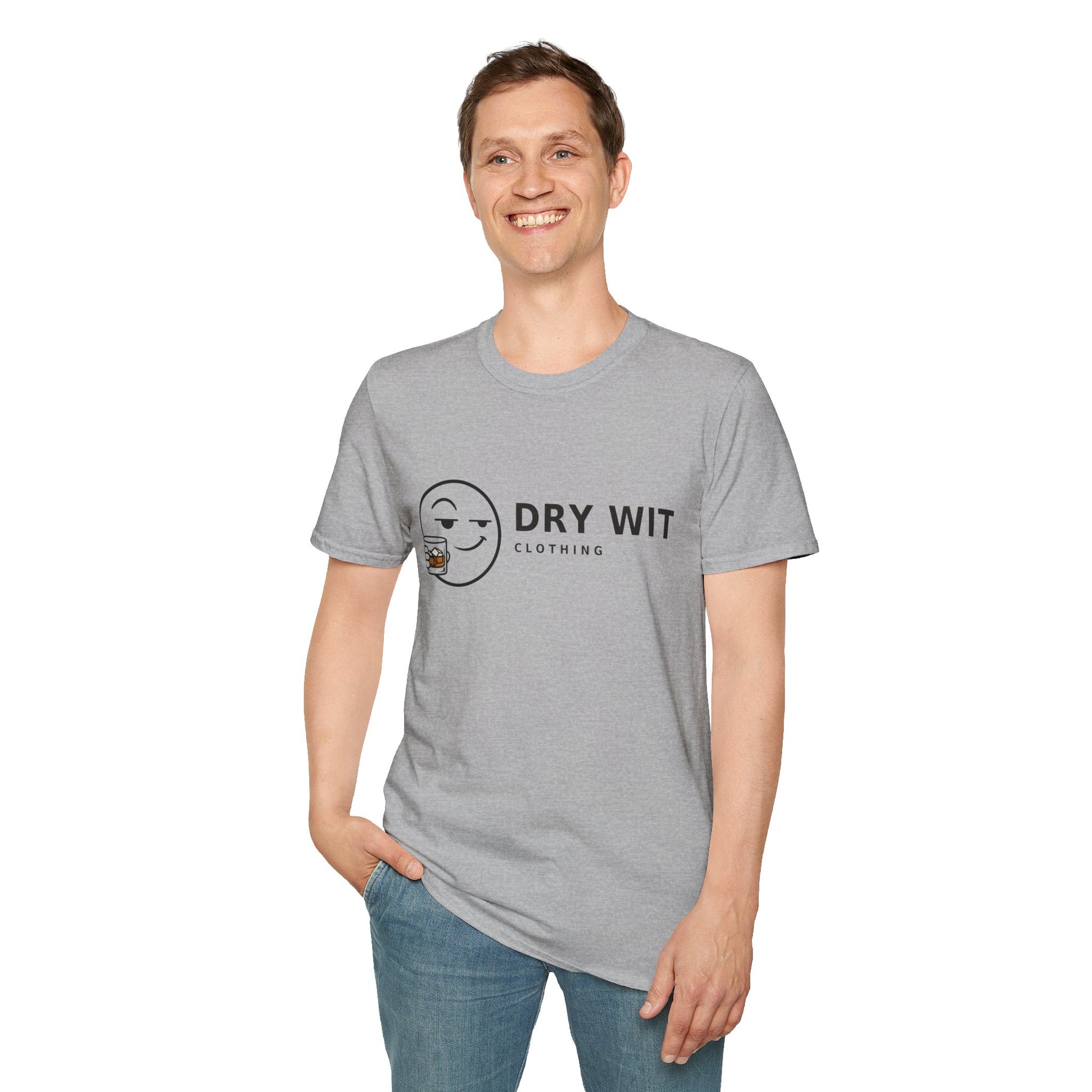 Dry Wit Logo Shirt, Sport Grey, worn by a standing model with one hand in their pocket