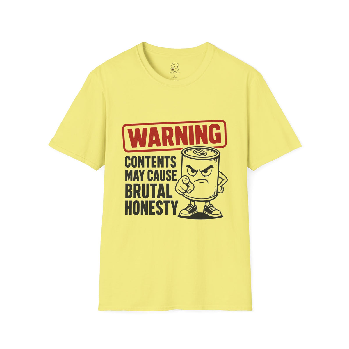 Warning: Contents May Cause Brutal Honesty Shirt, Cornsilk pale yellow, front flat lay