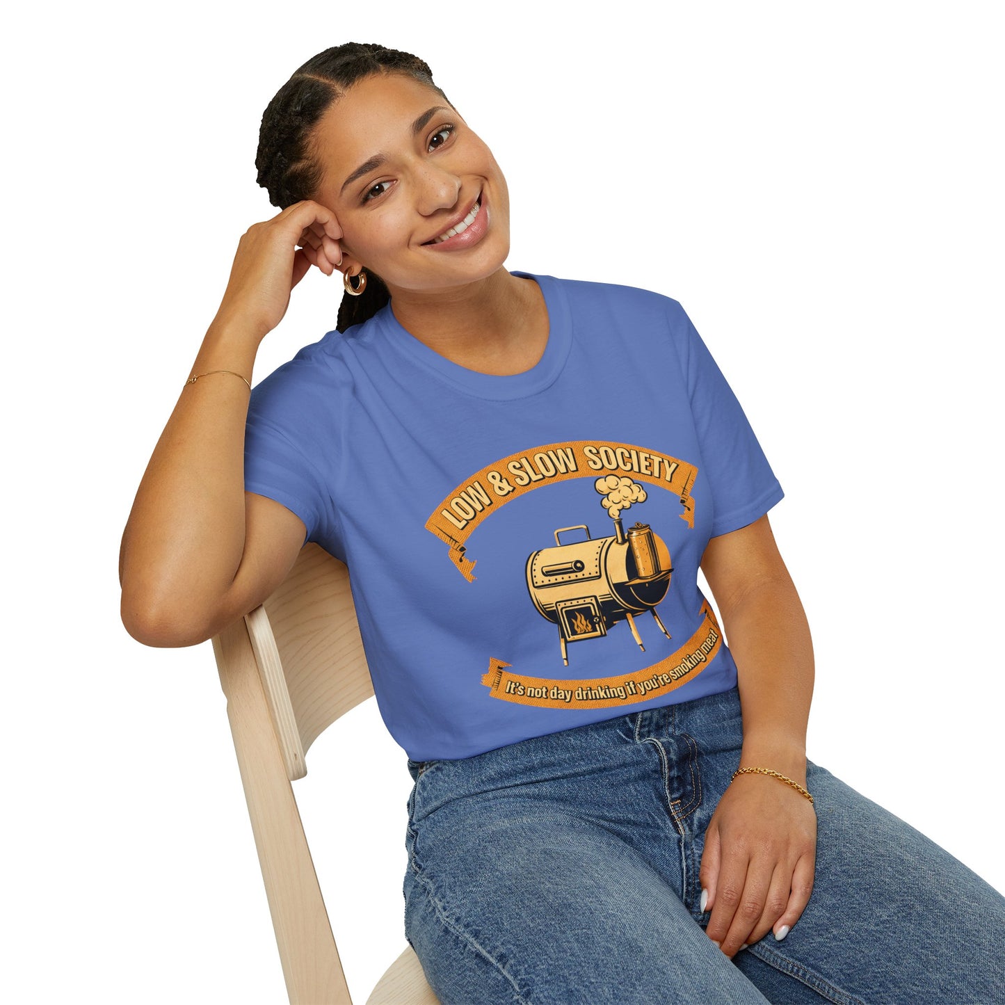 Low & Slow Society Shirt, Iris periwinkle, worn by a model seated on a wooden chair
