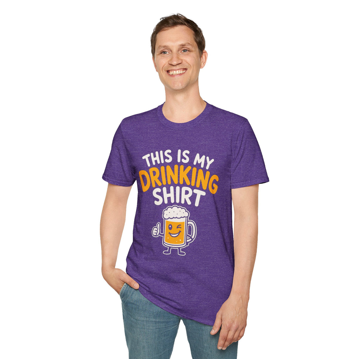 This Is My Drinking Shirt, Heather Purple, worn by a standing model with one hand in their pocket