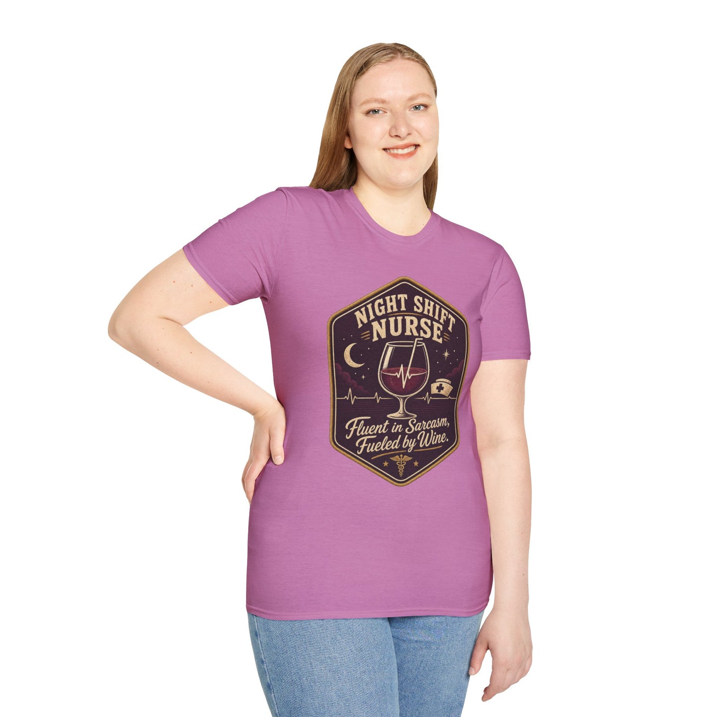Hexagonal vintage badge t-shirt graphic of a wine glass with a heartbeat line running through it like a straw, text reading Night Shift Nurse, Fluent In Sarcasm, Fueled By Wine