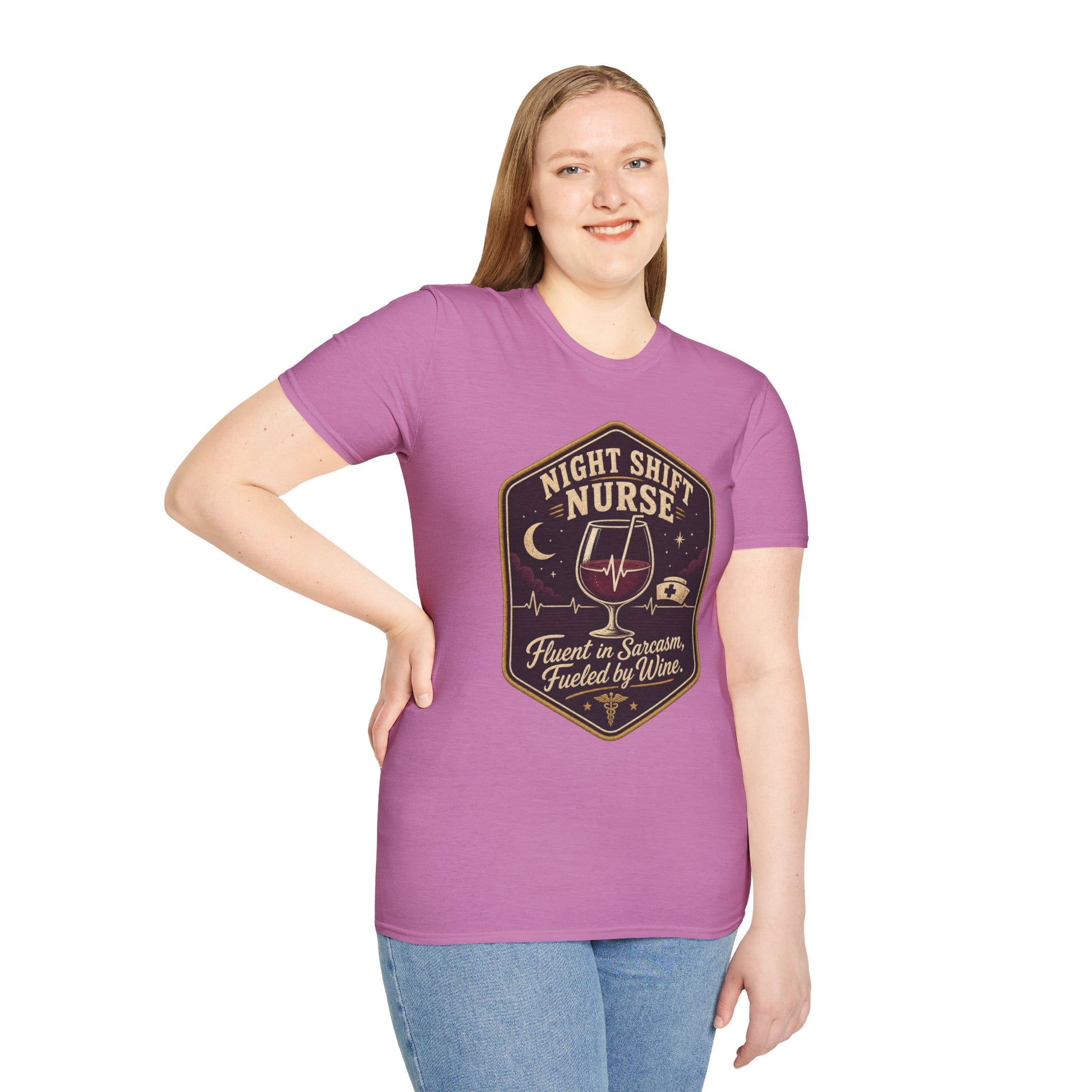 Hexagonal vintage badge t-shirt graphic of a wine glass with a heartbeat line running through it like a straw, text reading Night Shift Nurse, Fluent In Sarcasm, Fueled By Wine