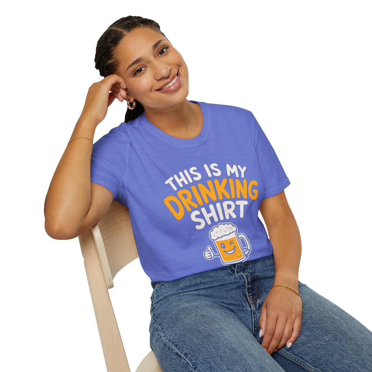 This Is My Drinking Shirt, Heather Royal blue, worn by a model seated on a wooden chair