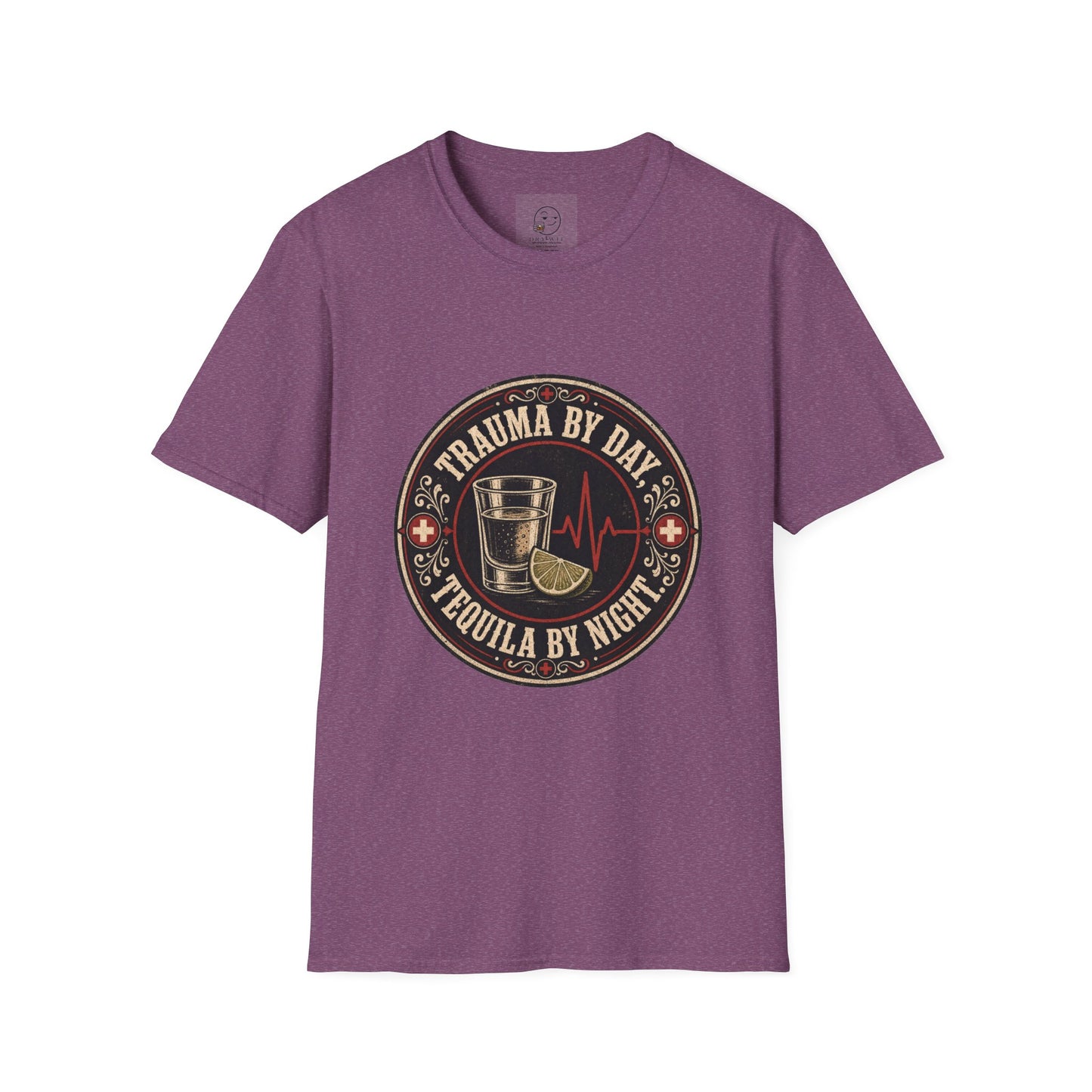 Circular vintage badge t-shirt graphic with a red cross border detail, a shot glass and lime wedge beside a heartbeat line, text reading Trauma By Day, Tequila By Night