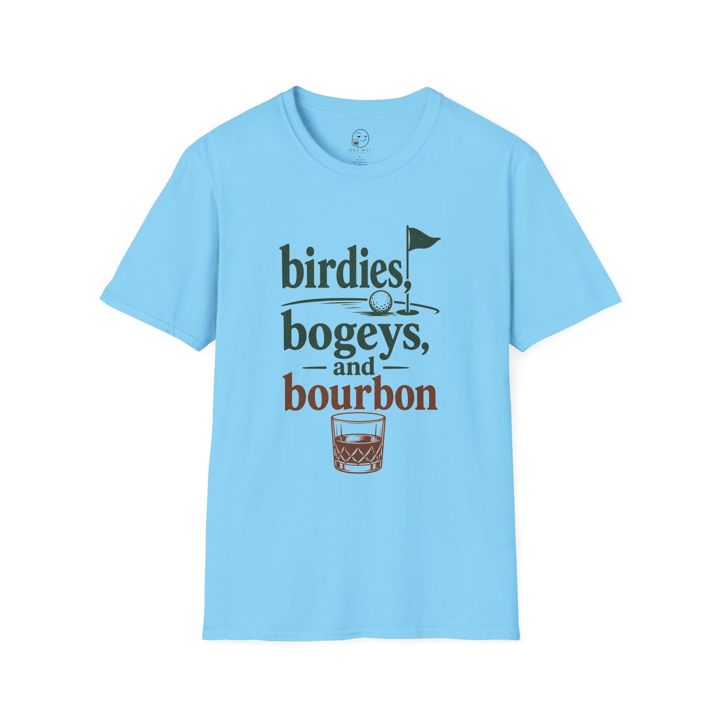 A light blue short-sleeve crewneck t-shirt with a graphic print on the front reading 'birdies, bogeys, and bourbon' in dark green and brown lettering, accompanied by a golf flag and whiskey glass illustration.
