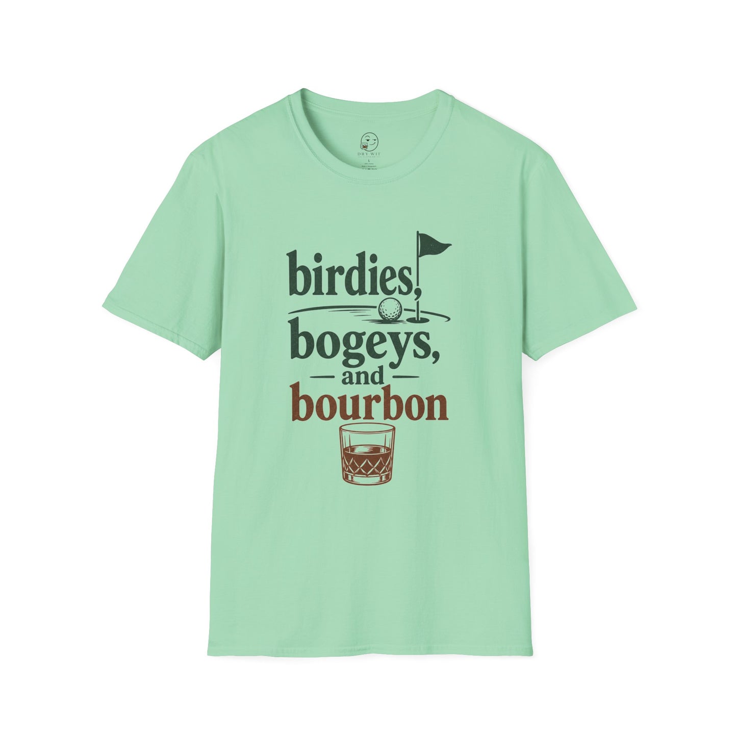 A mint green short-sleeve t-shirt with a graphic print on the front that reads 'birdies, bogeys, and bourbon' in dark green and brown lettering, accompanied by a golf flag and whiskey glass illustration, displayed on a clean white background.