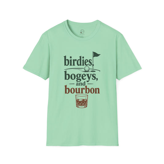 A mint green short-sleeve t-shirt with a graphic print on the front that reads 'birdies, bogeys, and bourbon' in dark green and brown lettering, accompanied by a golf flag and whiskey glass illustration, displayed on a clean white background.