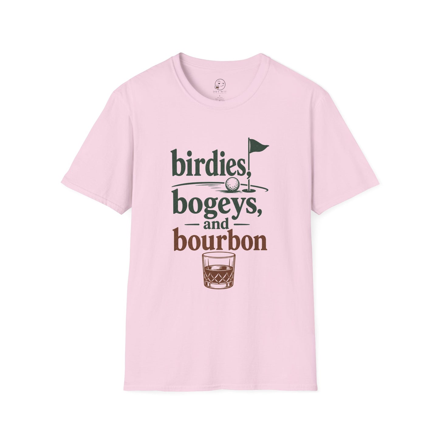 A light pink short-sleeve crewneck t-shirt with a graphic print on the front reading 'birdies, bogeys, and bourbon' in dark green and brown lettering, accompanied by golf and whiskey illustrations.