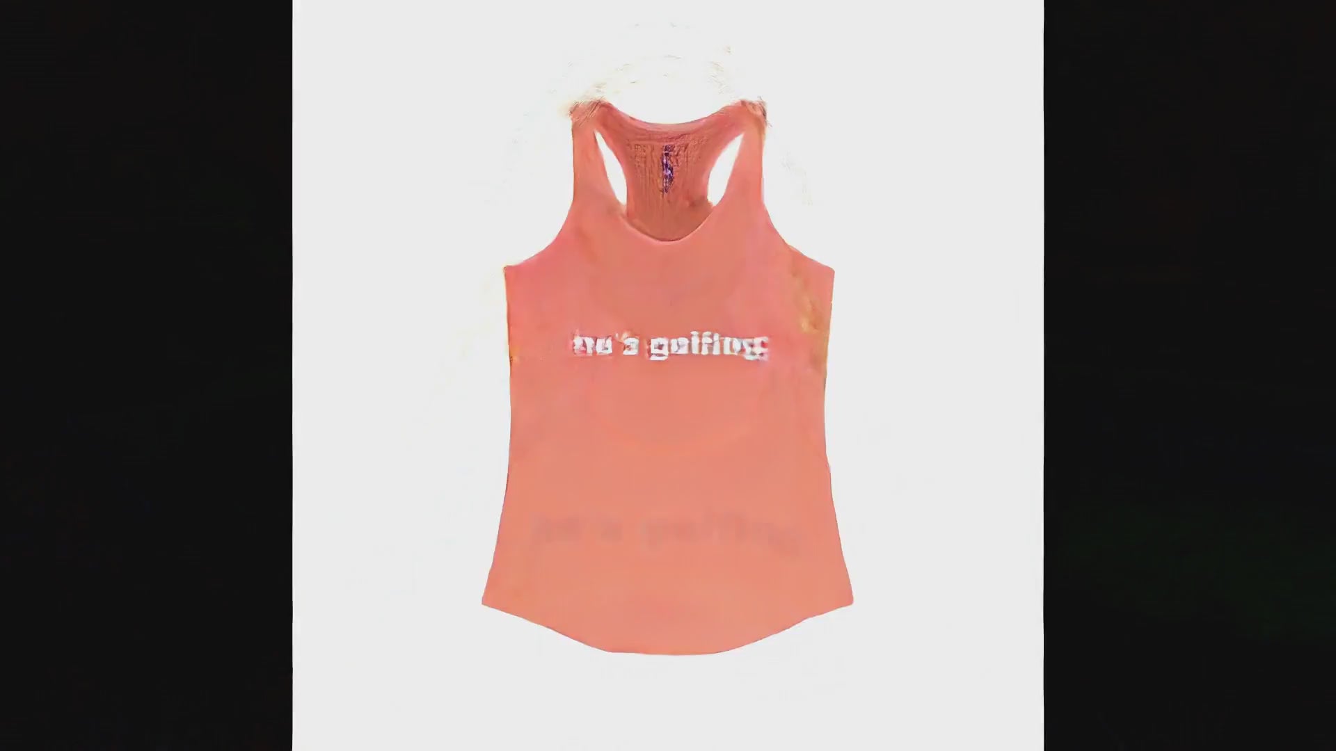 Video of a woman relaxing poolside in a lounge chair holding a drink, giving a playful smirk toward the camera, wearing a coral racerback tank top with white text reading He's Golfing